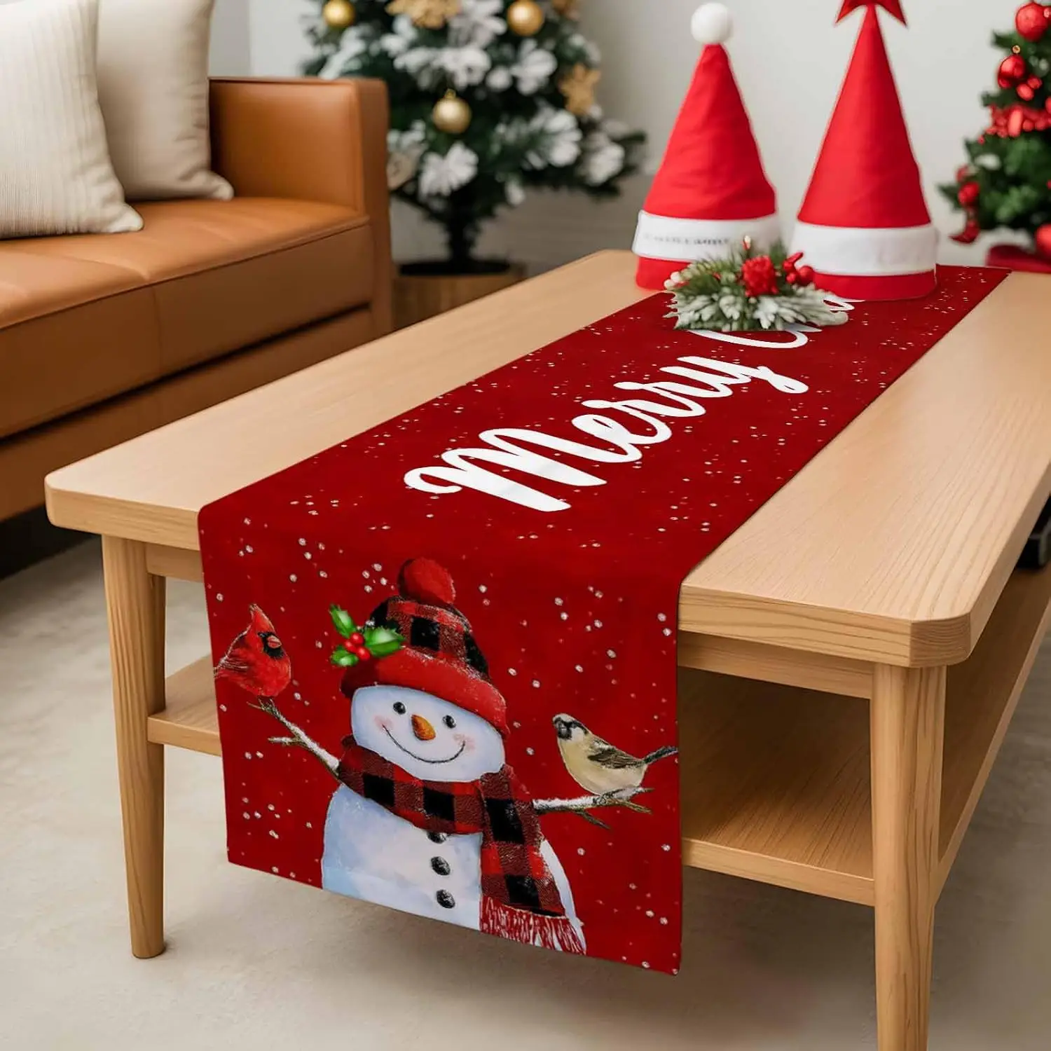 Christmas Snowman Snowflake Linen Table Runner Party Decor Reusable Winter Kitchen Dining Table Runner Christmas Decorations