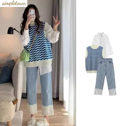 2024 Korean version new autumn and winter outfit small knitted vest+fashionable shirt milk jeans three piece set