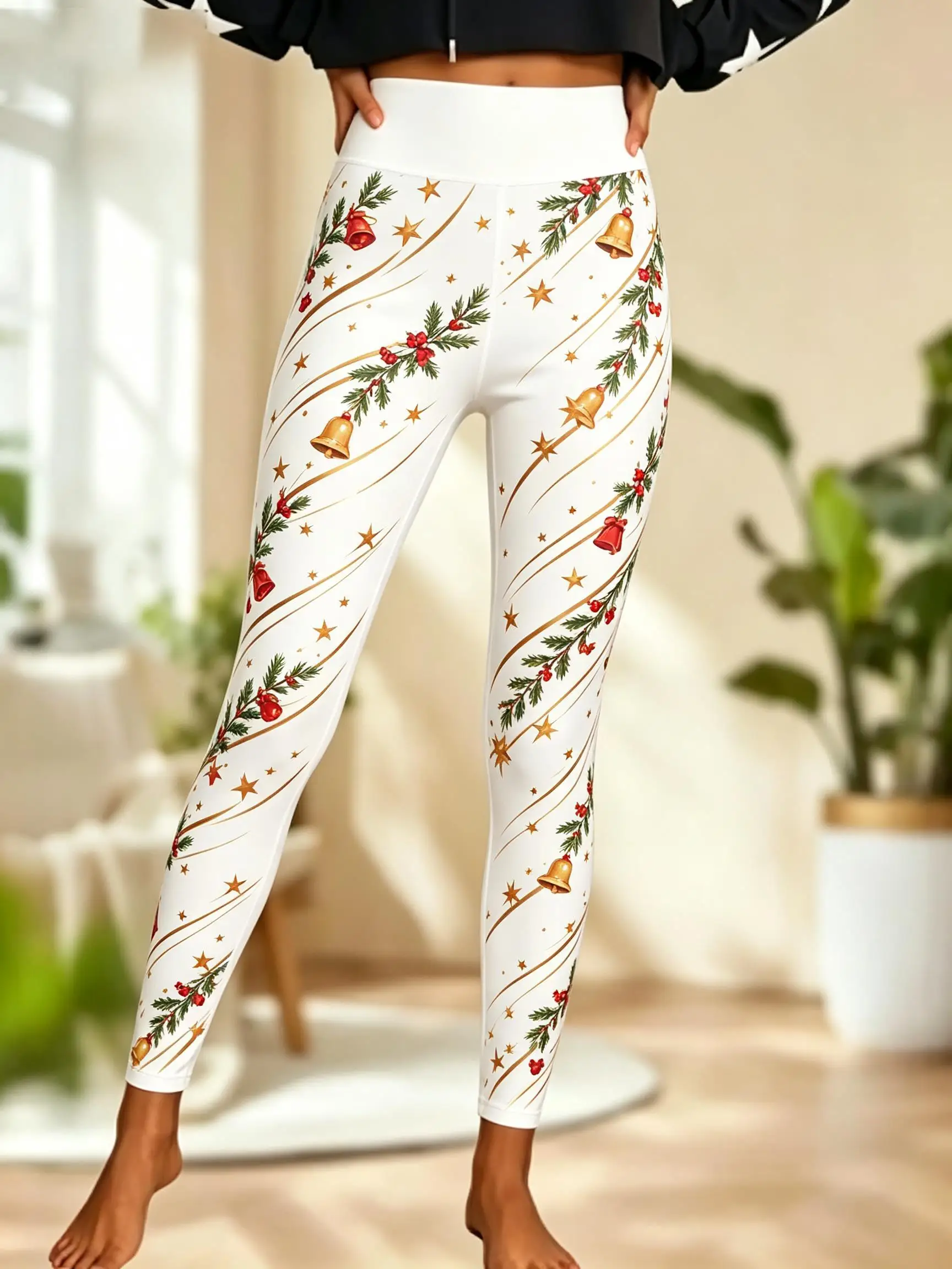 Women Fleece‑Lined Mid‑Rise Leggings Christmas Bell Holly Berry Star Golden Stripe Print Slim Warm Pants