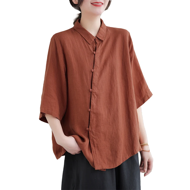 Or Sve irt – haut boutonné Vintage pour femmes d'âge moyen, décontracté, en coton et lin, vêtements de thé amples, nouvelle collection été