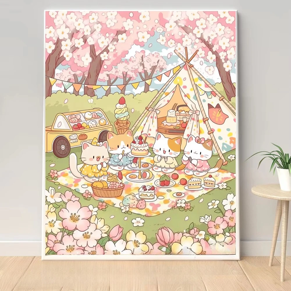Kirschblüten-Katzen-Picknick-Landschaft 5D DIY Diamantmalerei-Set, runde Diamanten, 40x50cm, für Wanddekoration, Geschenk