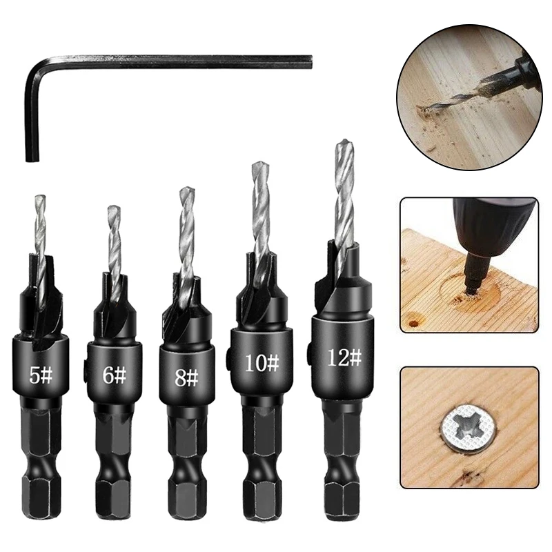 1pc Countersink Drill Bit Set Wood Tools Woodworking Drill Bit Pilot Holes Hex Shank Screw Size #5 #6 #8 #10 #12