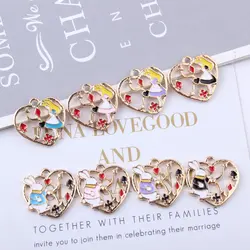 10pcs 16*26mm Diy Enamel Heart Alice In Wonderland Rabbit Charms Kc Gold Alloy Small Bracelet Pendant Korean Jewelry Accessories