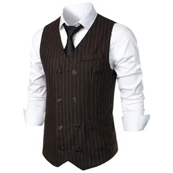 #4840 Black Gray Brown Split Joint Men's Vest Vertrical Striped Blazer Vest Double Breasted Waistcoat Slim Vintage Sleeveless