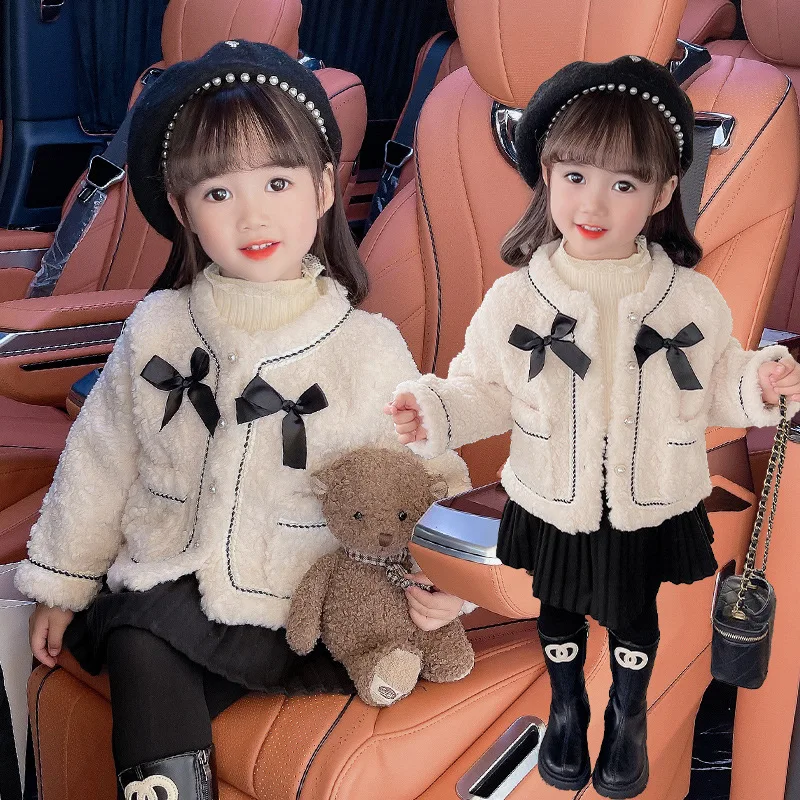 2024Baby Girls Winter Jacket Thicken Woolen Clothes Bow Tie Warm Plush Infant Toddler Children Cotton Outerwear For 1 To 8 Years