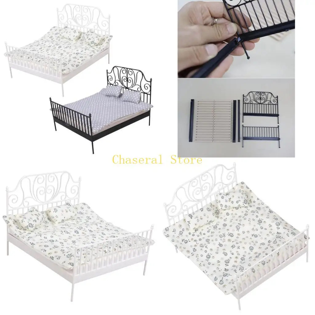 E7CE Miniature Double Bed With Detachable Bedding 1/12 Dollhouses Scene Display Decor