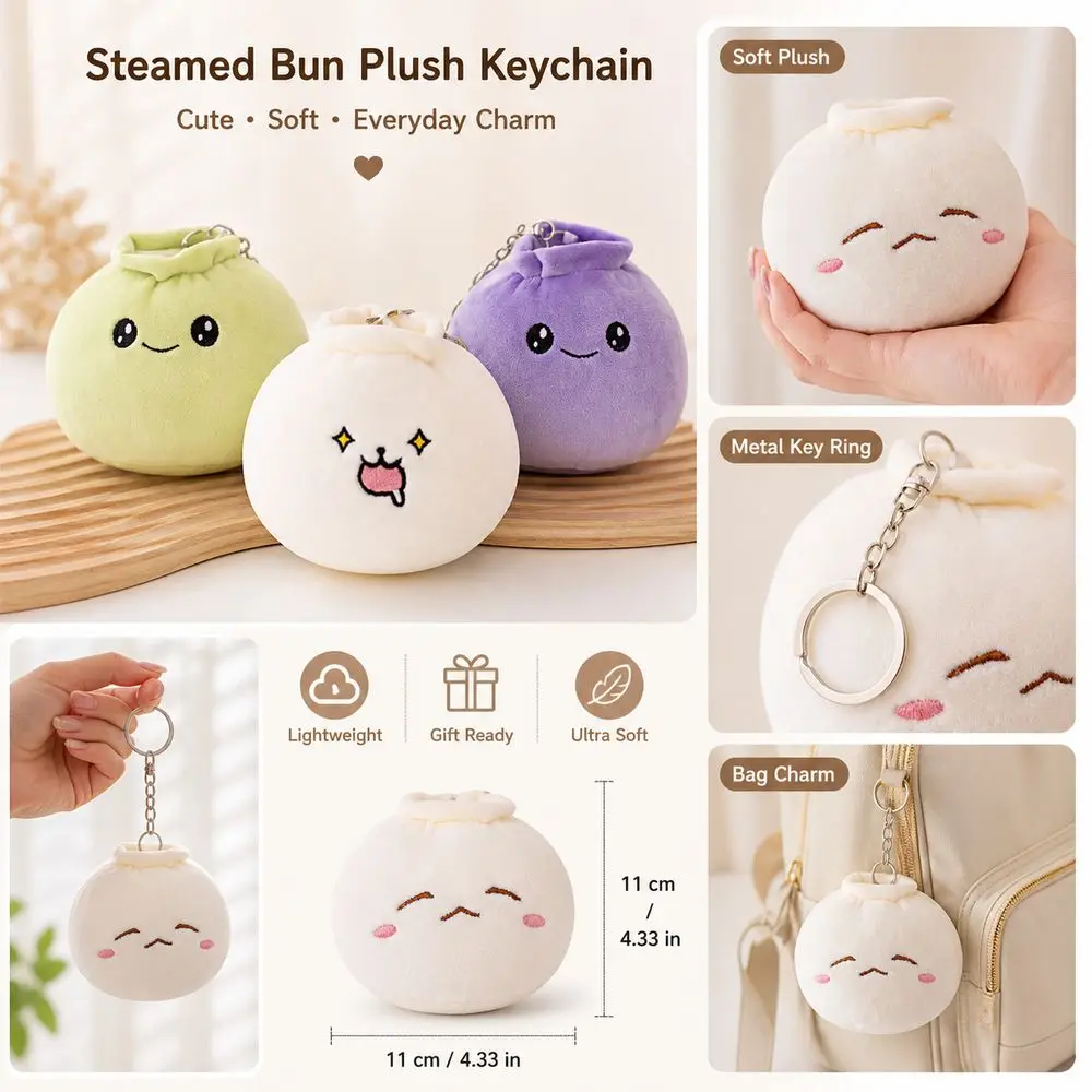 Gifts Steamed Keychain Cartoon Facial Expression Backpack Accessory Steamed Bun Keychain Metal Key Ring Cartoon Steamed Pendant