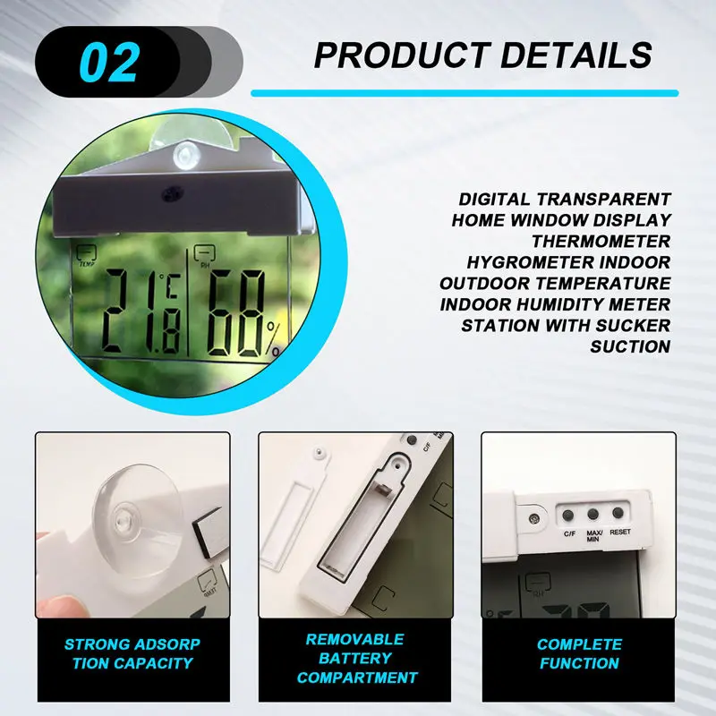 Digital Transparent Home Window Display Thermometer Hygrometer Indoor Outdoor Temperature Indoor Humidity Meter Station With
