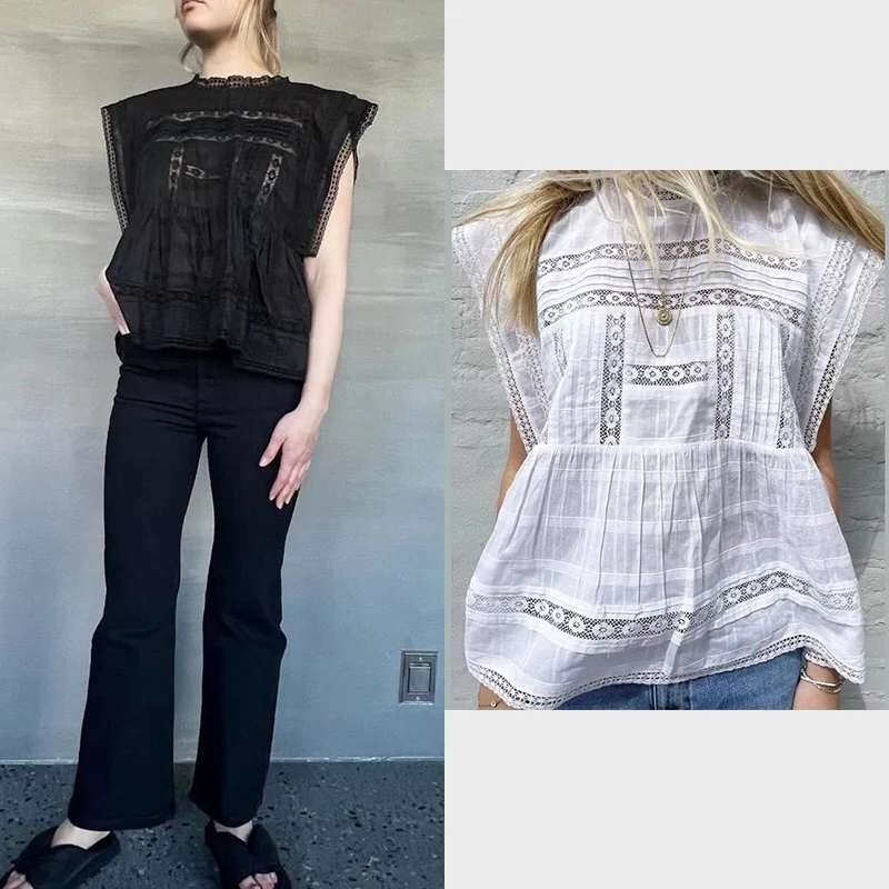 

Faionable Lace Hollow out Loose Top Svel round Ne irt Commute Sle Cotton Blend Casual Wear for Young Women