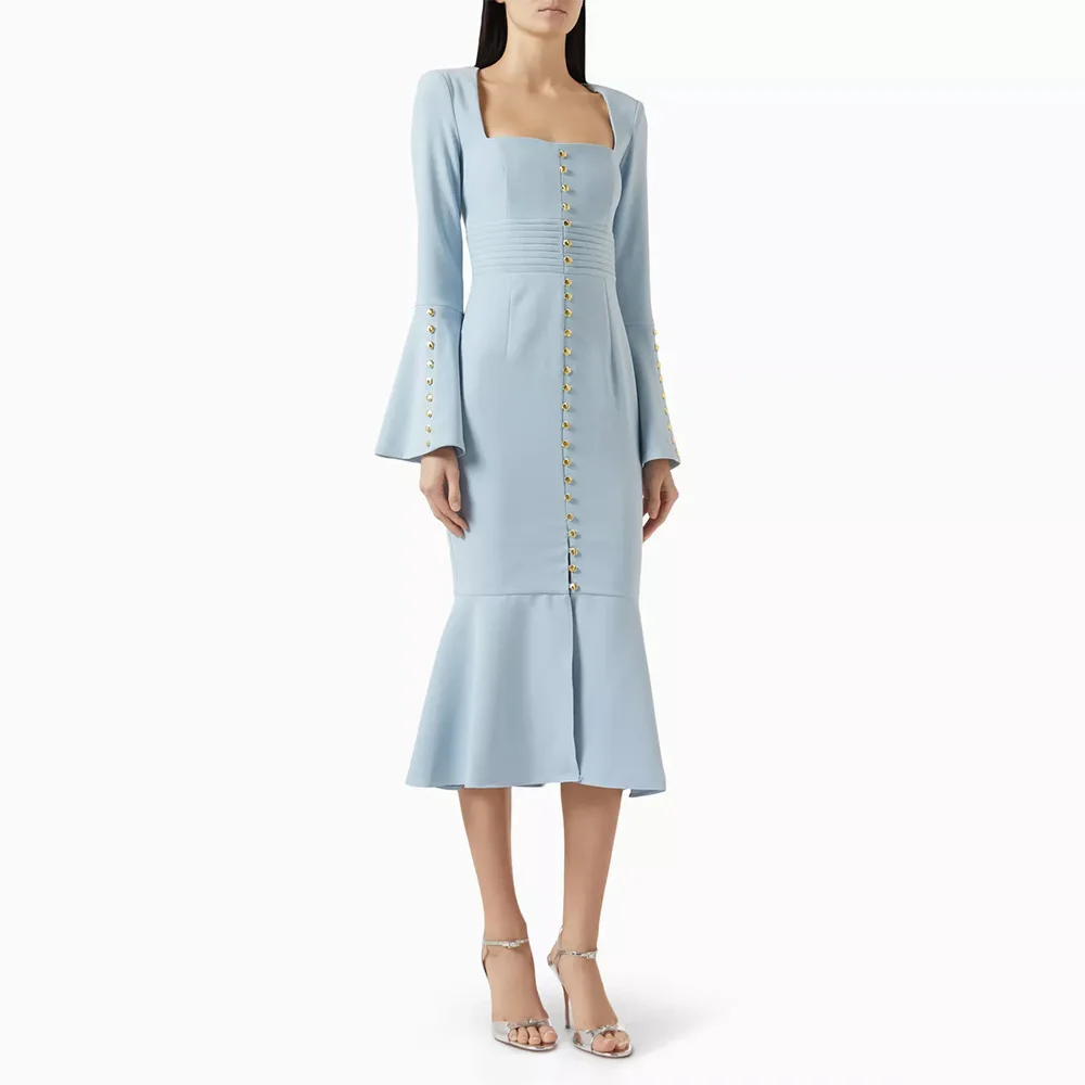 

Midi Cocktail Dress Mermaid Square Collar Long Sleeves Tea Length Cocktail Gown for Women 2025 Buttons Trumpet Formal Party Gown