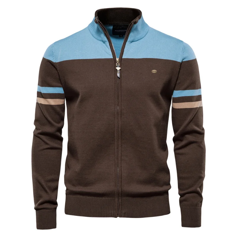 GIOIOMen's Knit Jacket，Spring and Autumn Knitted Color Block Zipper Cardigan Stand Collar Slim Fit Sweater Jacket，Men's Clothing