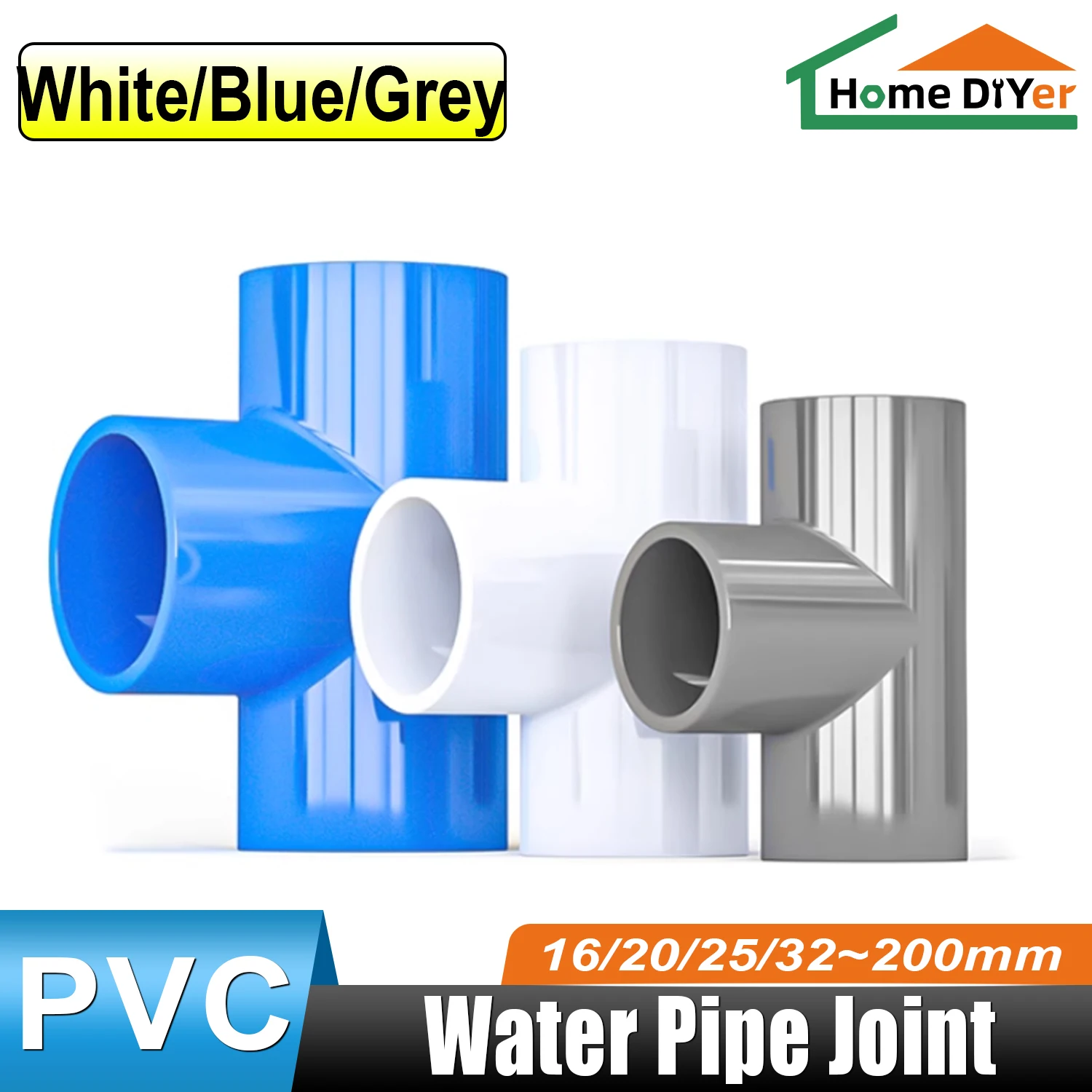 

1pc 20 - 200mm White/Grey/Blue PVC Pipe Connector Tee Cross Joints Water Pipe Adapter Home DIY Tube