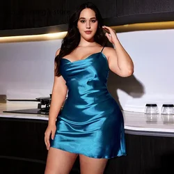 Lady Blue Satin Nightgown Sexy Spaghetti Strap Plus Size 3Xl4Xl5Xl Women's Home Dressing Gown Short Sleepwear Ice Silk Lingerie