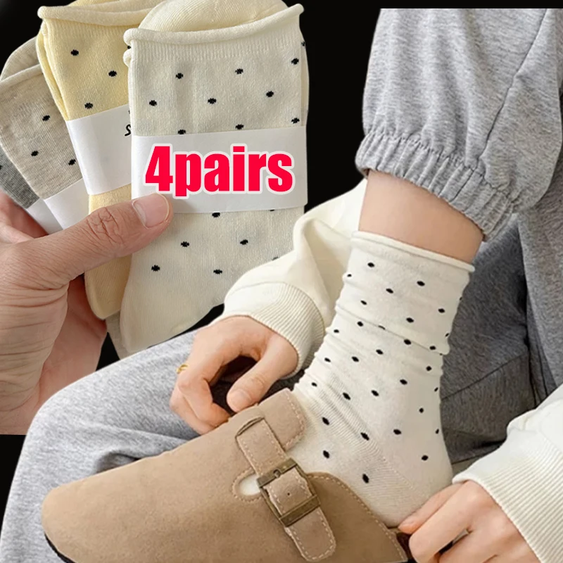 1/4pairs Ins Cream Style Korean Socks Dot Ins Cotton Middle Tube Ankle Short Breathable Soft Socks Girls Cute Spring Summer Sock