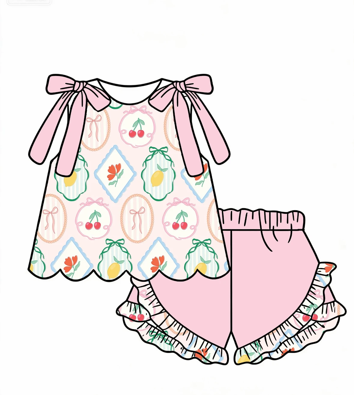 Summer Hot Selling New Sleeveless Bow-Tie Floral Strawberry and Cherry Print Top and Ruffled Shorts Girls Boutique Set