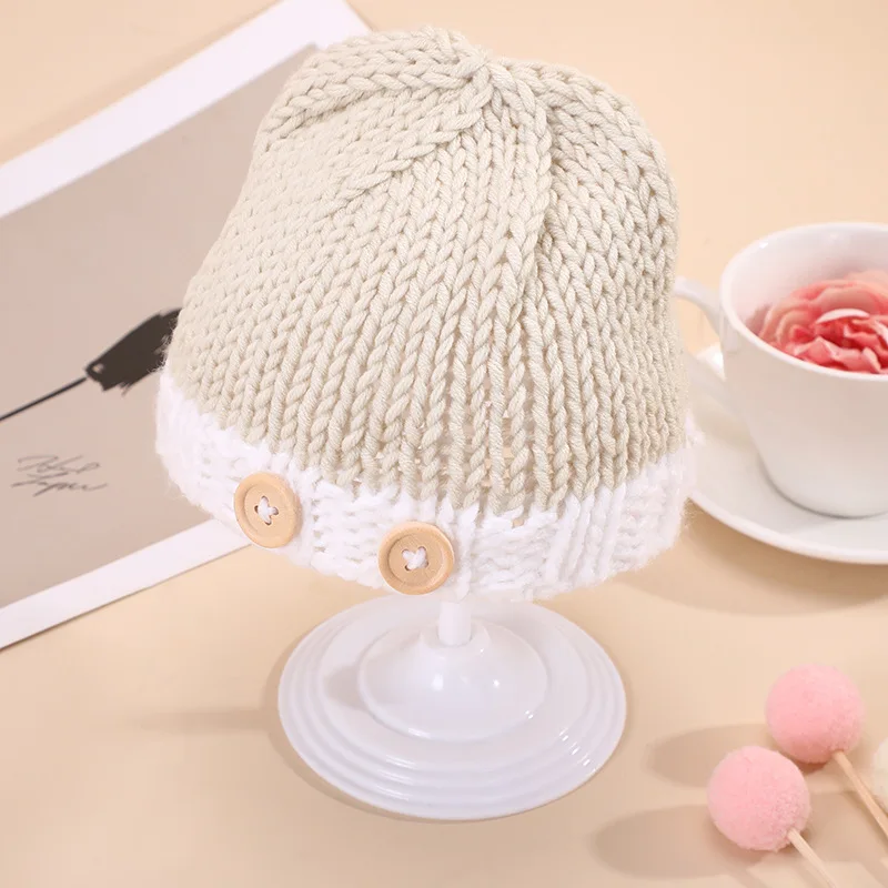 Newborn Photography Outfit Simple Beige Woven Bell Shaped Plush Hat Newborn Solid Color Photography Suit Hat Pants Two-piece Set