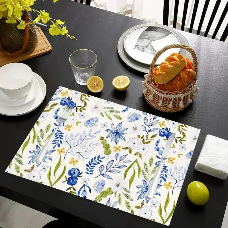 VIKAMA Placemat White Blue Flowers Leaves, Waterproof Oil-Proof Heat-Resistant Dining Table Mat for Home