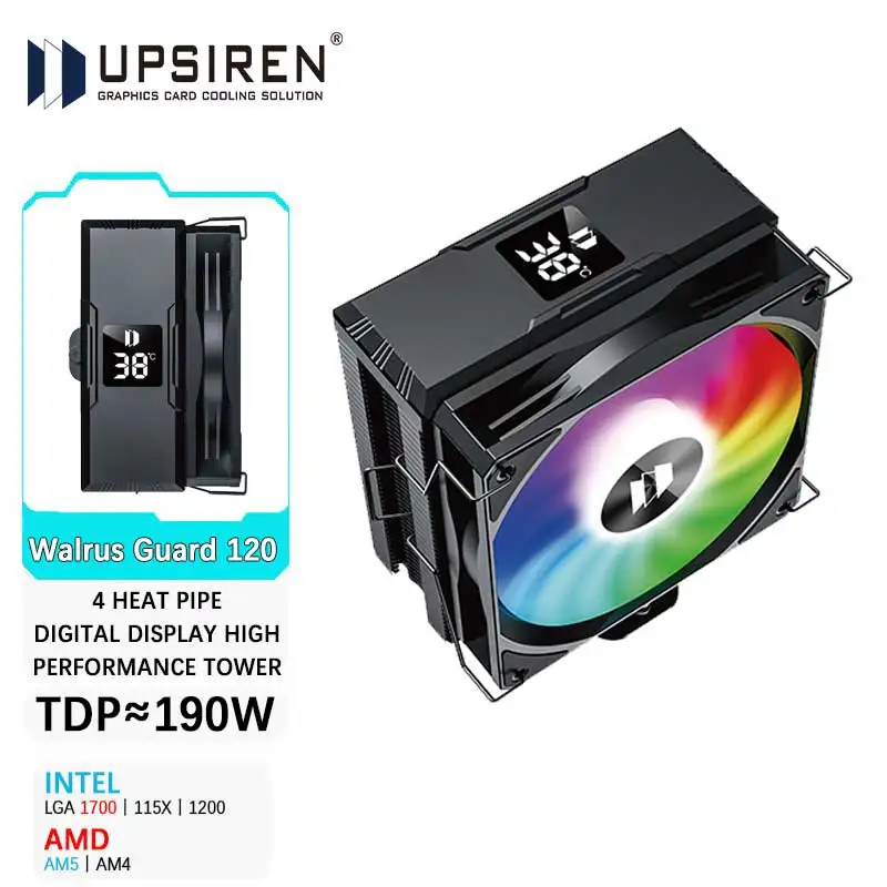UPSIREN Walrus Guard 120 cyfrowy wyświetlacz 4 rury cieplnej chłodnica procesora 120mm wentylator chłodzący chłodnica powietrza dla LGA1700/1200 AM4 AM5