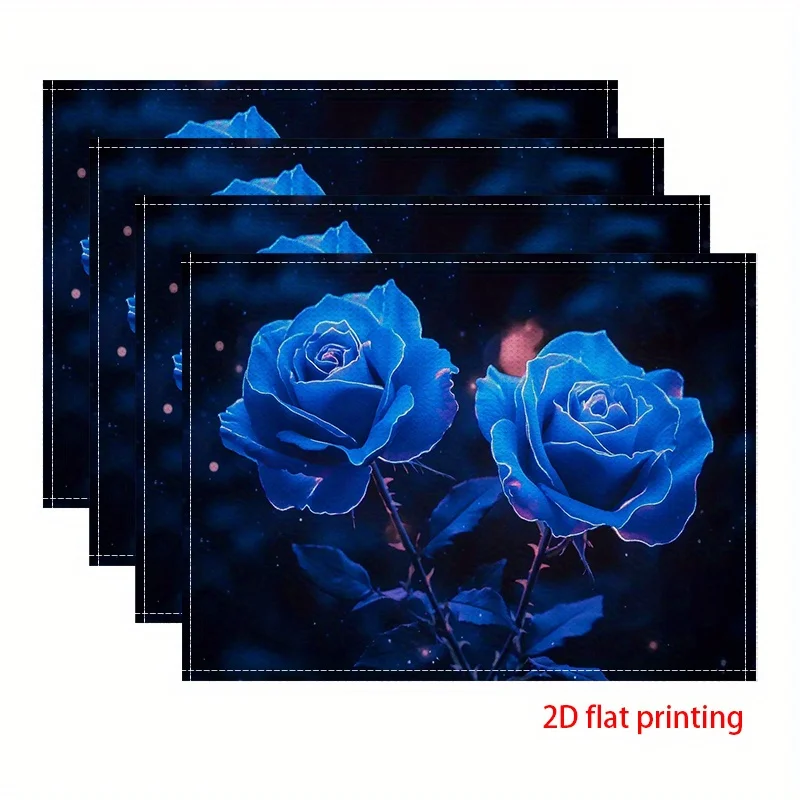 Artistic Luminous Blue Floral Print Table Mats 4PC Futuristic Fantasy Rose Placemats For Living Room Decor