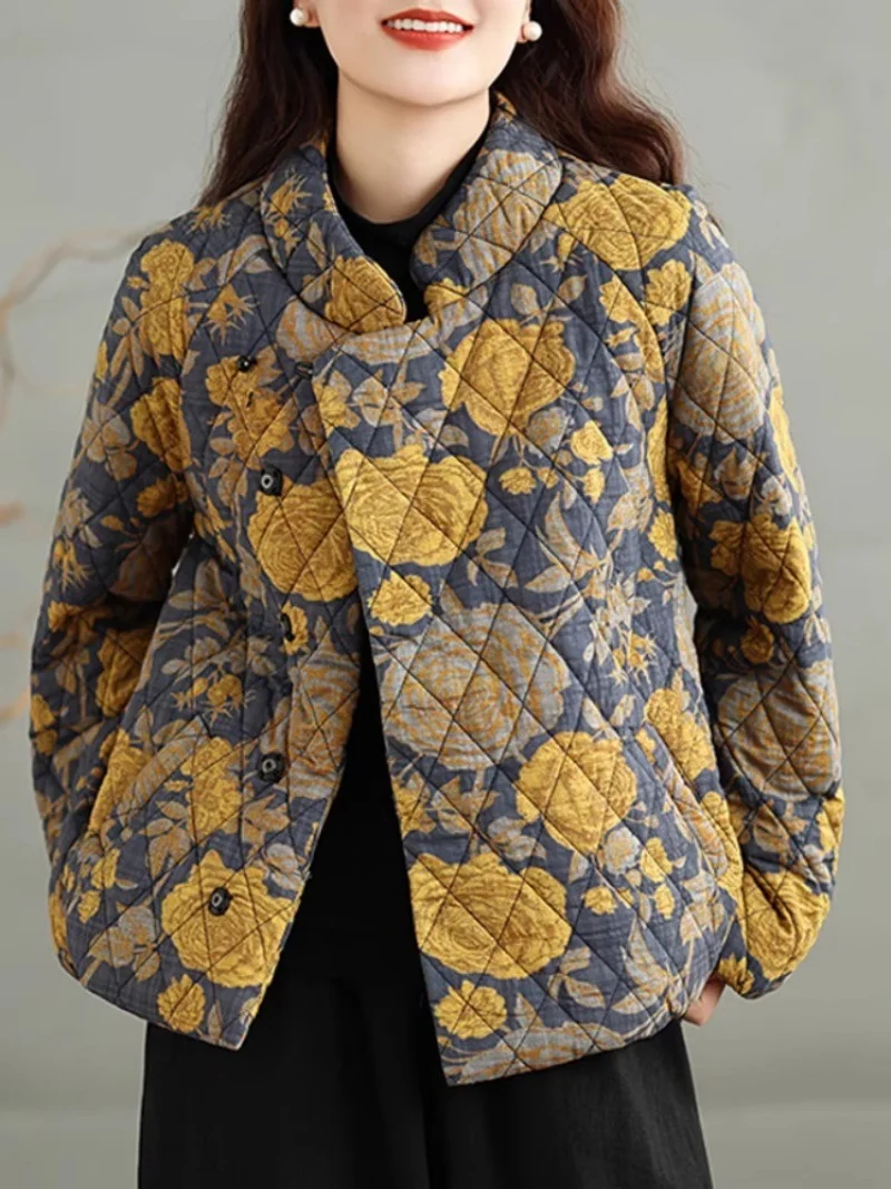 

Retro Printed Cotton Jacket, Women Autumn Winter Thickened Loose And Warm Thick Quilted Coat Outerwear w1649