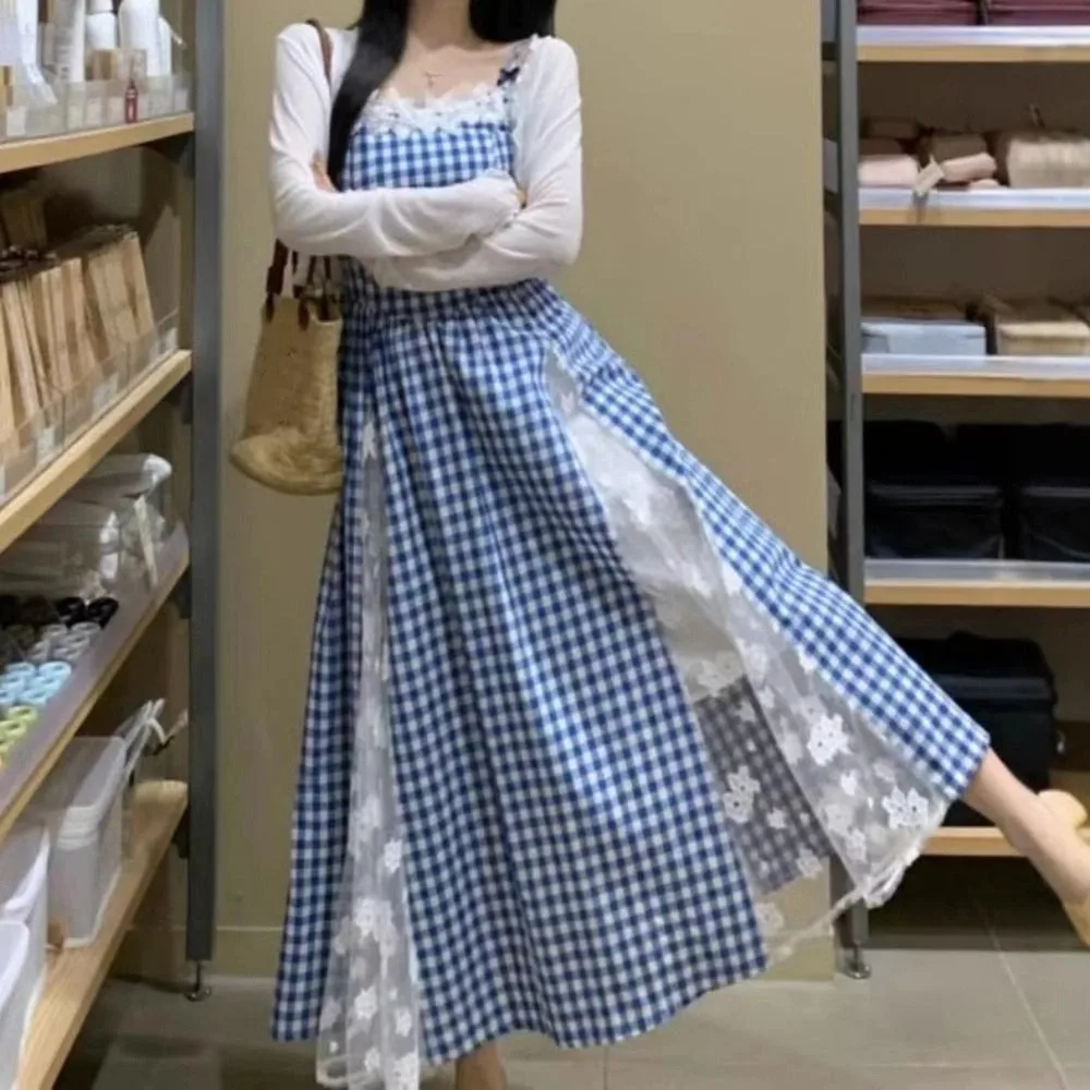 

Elegant Plaid Girl Princess Dress Loose Sweet Teens Sling Dress Lace Mesh Skirt Children Sleeveless Dresses Kids