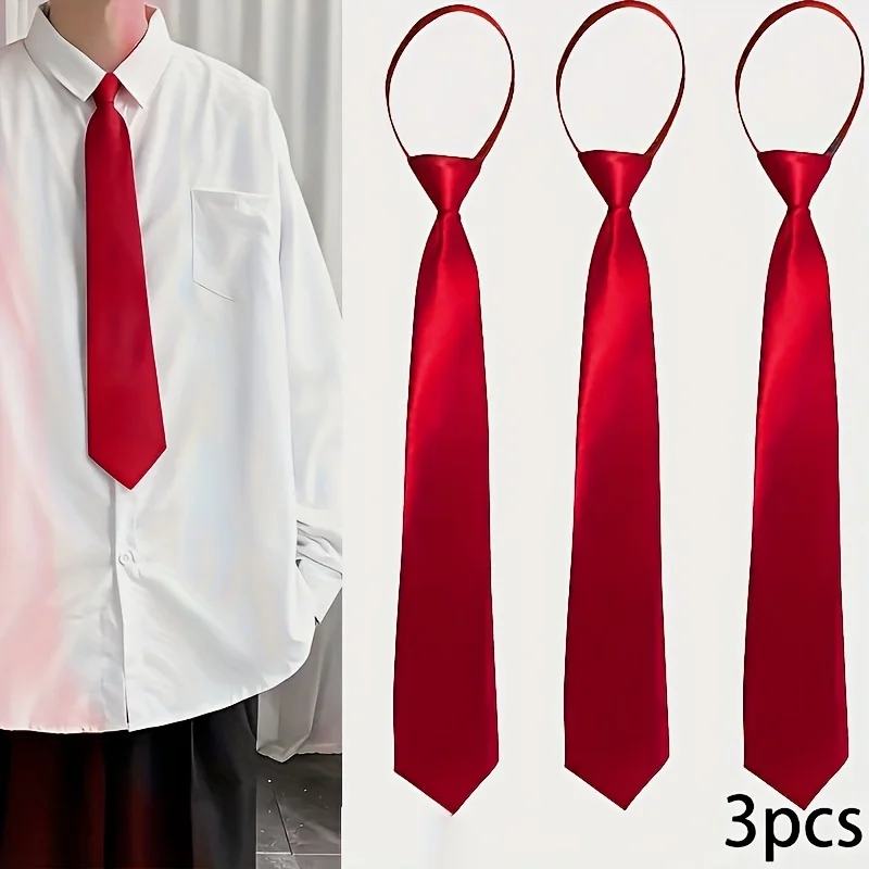 3Pcs Men's Zip-On Wide Neckties 8cm (3.15inch) Solid Color Black and Red Polyester Disposable Group Performance Security Uniform Accessories
