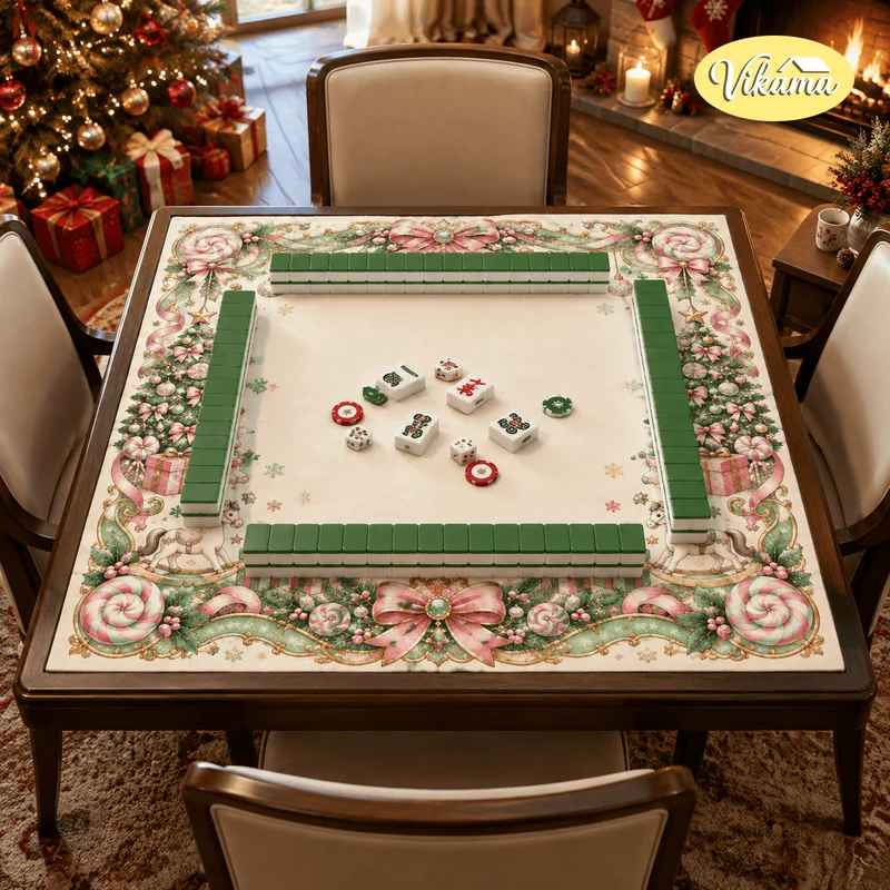 Christmas Candy Bows Mahjong Mat Non Slip Waterproof Table Cover for Dining Room Family Game Night Holiday Home Decor