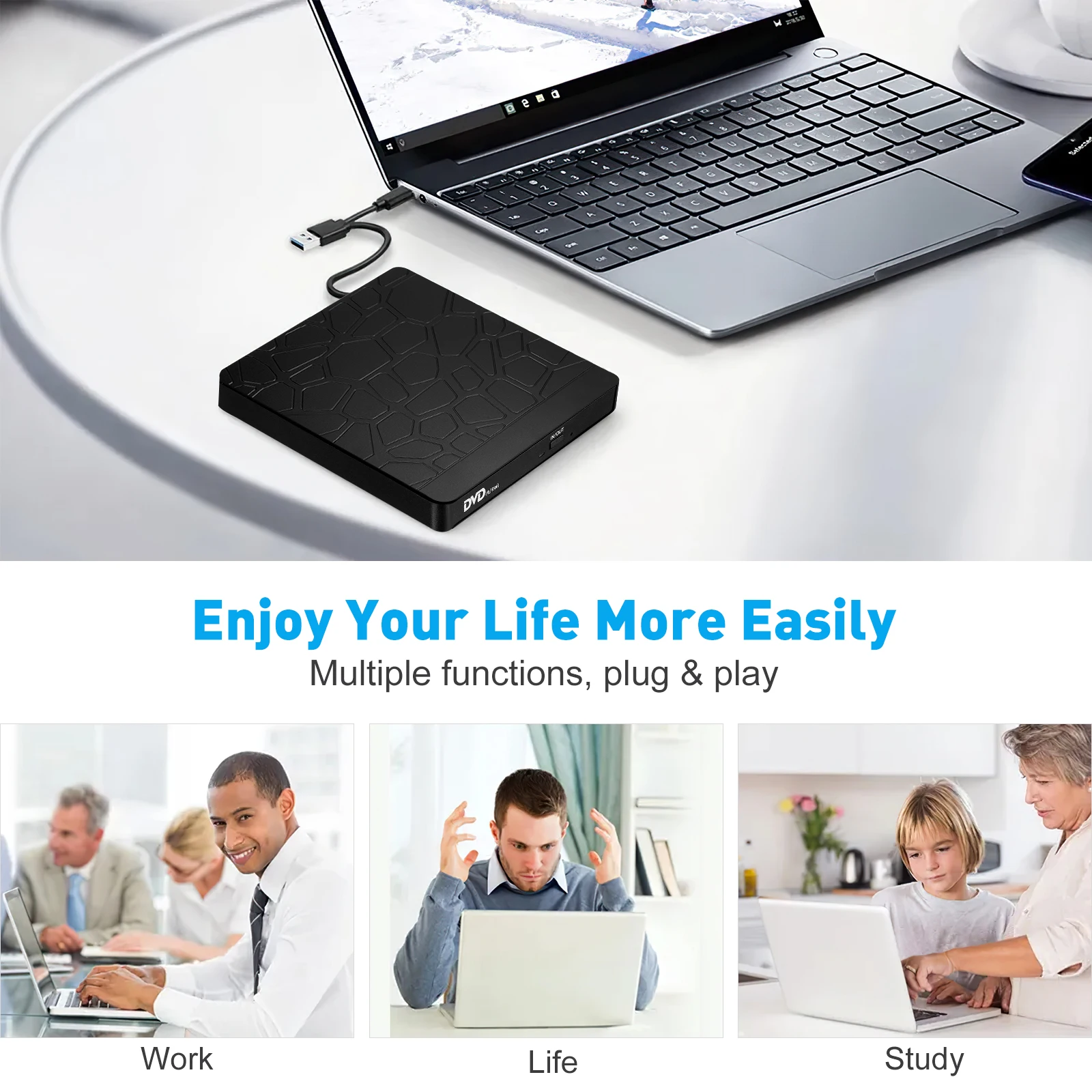 

Multifunctional Optical Drive External CD DVD Burner Reader Black Abs Type C USB Laptop Computer Car Compatible Fast Transfer