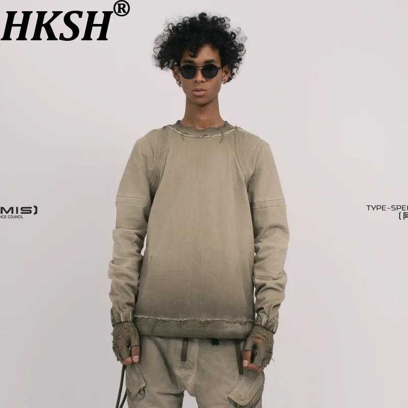 HKSH Men American Deconstructed Patchwork Vintage Destroyed Frayed Sweatshirt Pullover Crew Neck Long Sleeve Tees Trendy HK17141