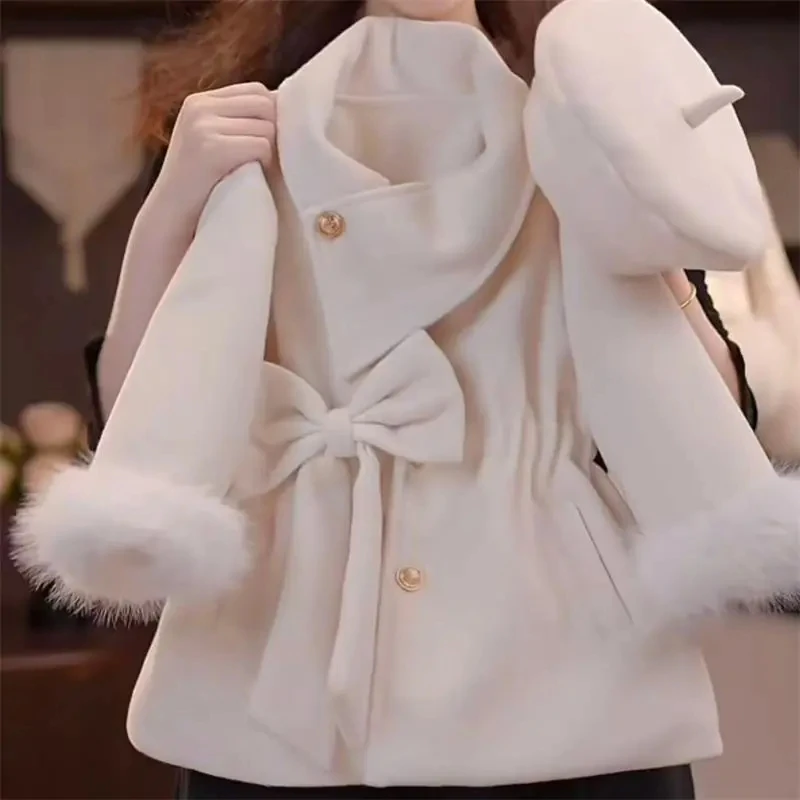 

2025 New Winter Small Fragrant Style Waist Coat Cotton Jacket for Girls Medium To Long Bow Coat
