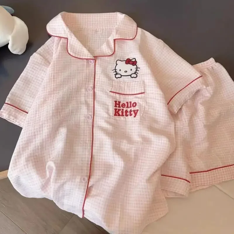 

Anime 2Pcs Sanrio Hello Kitty Pajamas New Loungewear Lapel Long Sleeve Cotton Two-Piece Set Silk Pajamas Women Pajamas Gifts