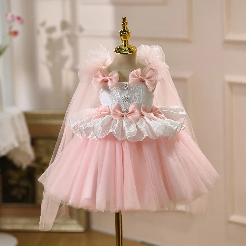 

Jill Wish D114 Pink Flower Girl Dress Sleeveless Bows Knee Length Princess Kids Wedding 1st Birthday Party Pageant Formal Gown