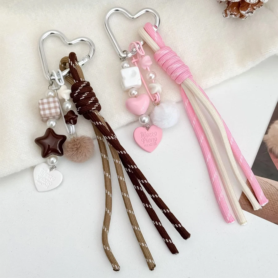 Heart Plush Ball Keychain Exquisite Trendy Square Star Bead Pendant Colorful Woven Rope Handbag Accessories Gift