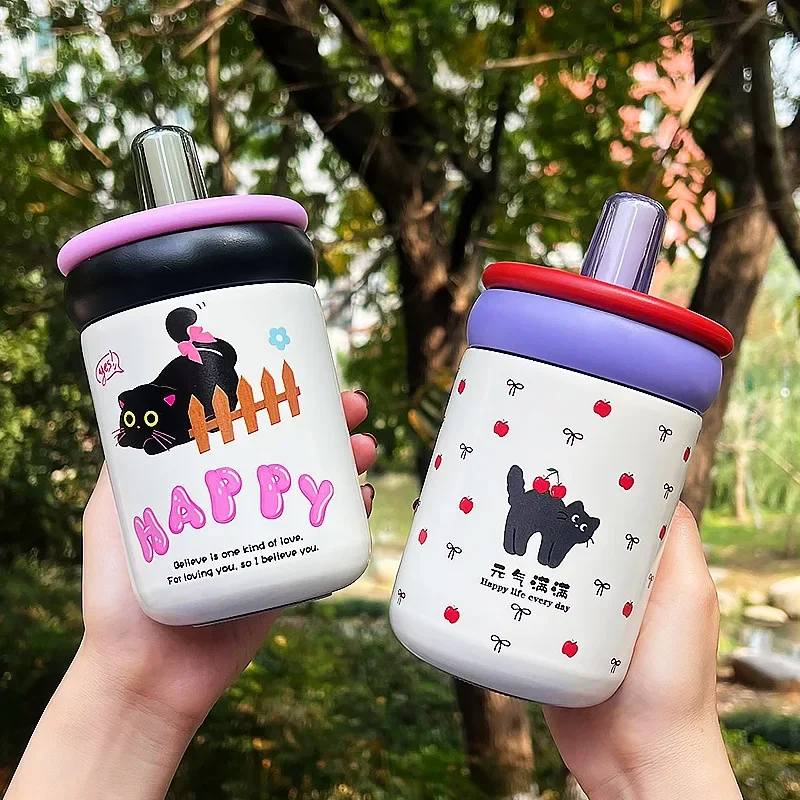 

450 мл термобутылка для воды с ручкой, вакуумный термос с мультяшным котом, портативная кружка для воды из нержавеющей стали 316,