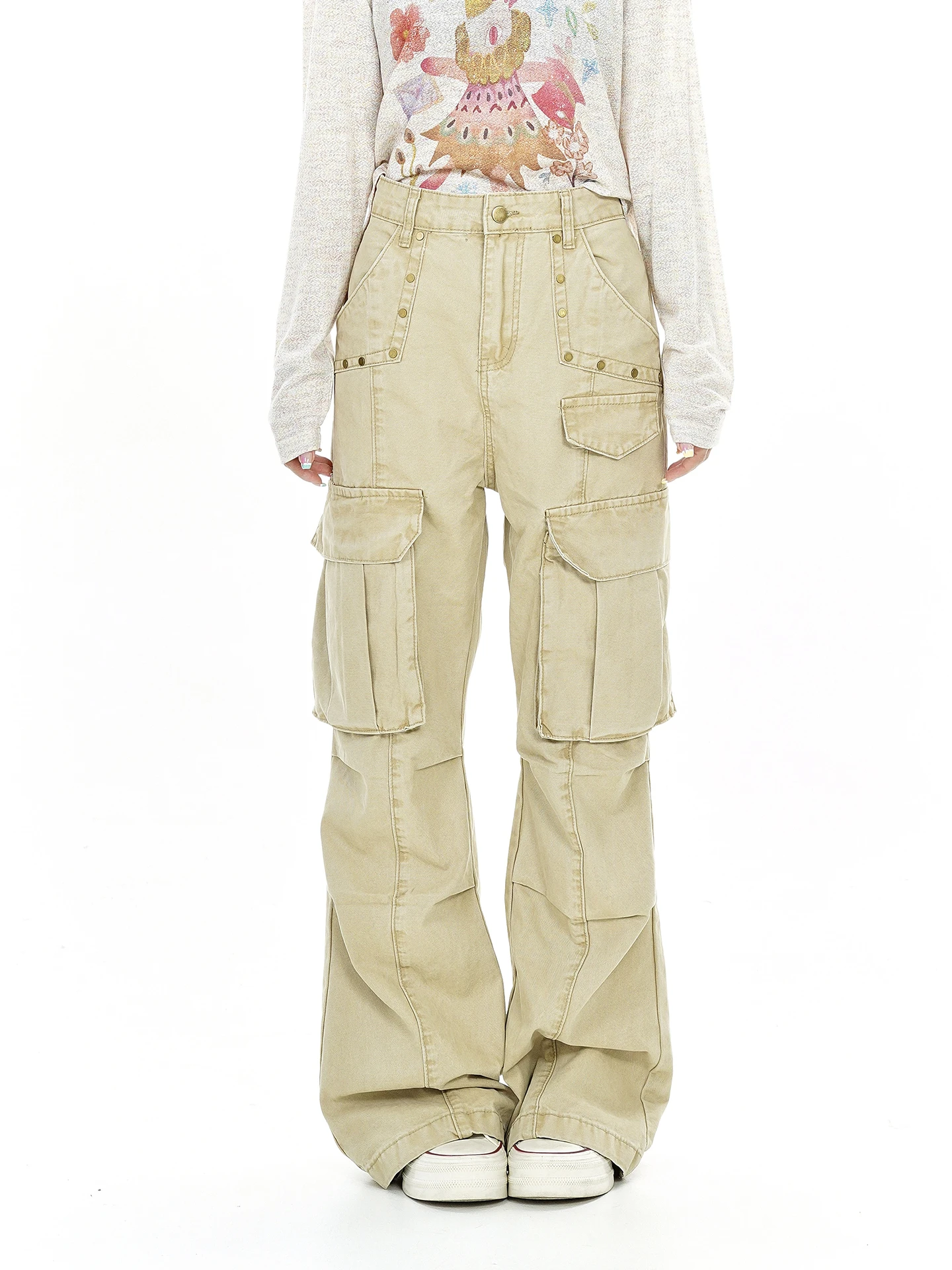 Street Style Women's Cargo Pants Multi-Pocket Straight Leg Rivet Design Comfortable Casual Trousers for Autumn Fashion