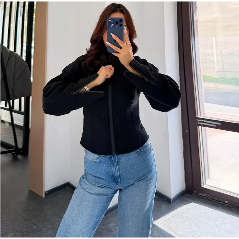 Schwarze Damen-Crop-Jacke mit Stehkragen, durchgehendem Reißverschluss, verstellbaren Manschetten und Reißverschluss, einfarbiger Mantel, 2026, lässig, für den Alltag, Herbst, Streetwear – Detail 6