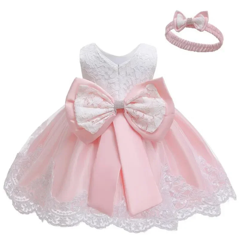 New summer Baby Dress Lace Big bow Pink Baptism Dresses for Girls 1st year birthday party wedding baby clothing 3-10 Years