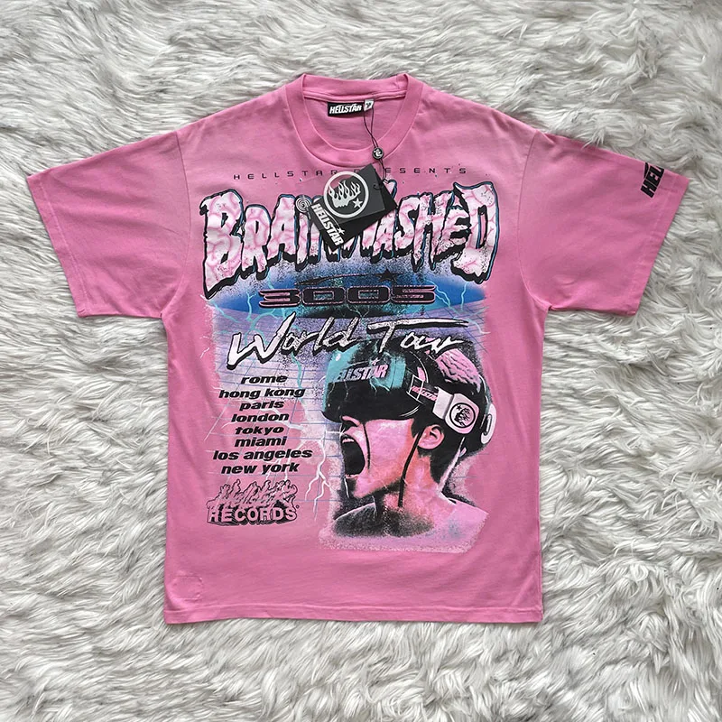 American High Street Pure Cotton Short Sleeve T-Shirt Brainwashed World Tour round Neck Youthful Trend for Autumn And Winter