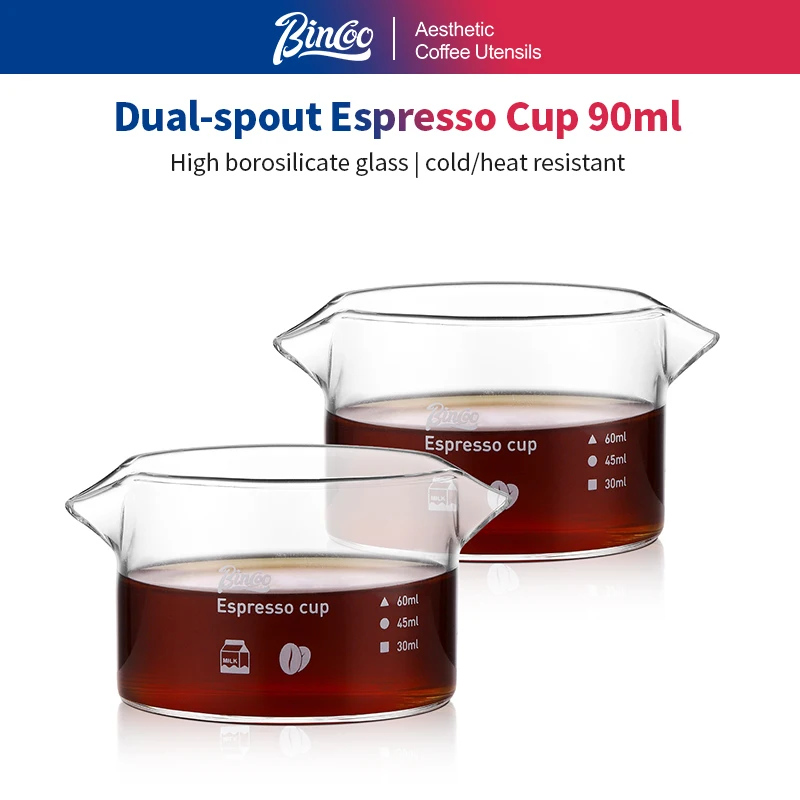 BINCOO 90ml Double Spout Espresso Measuring Cup Heat-resistant Glass Milk Cup with Scale, Barista Tool for Latte Art & Home Use
