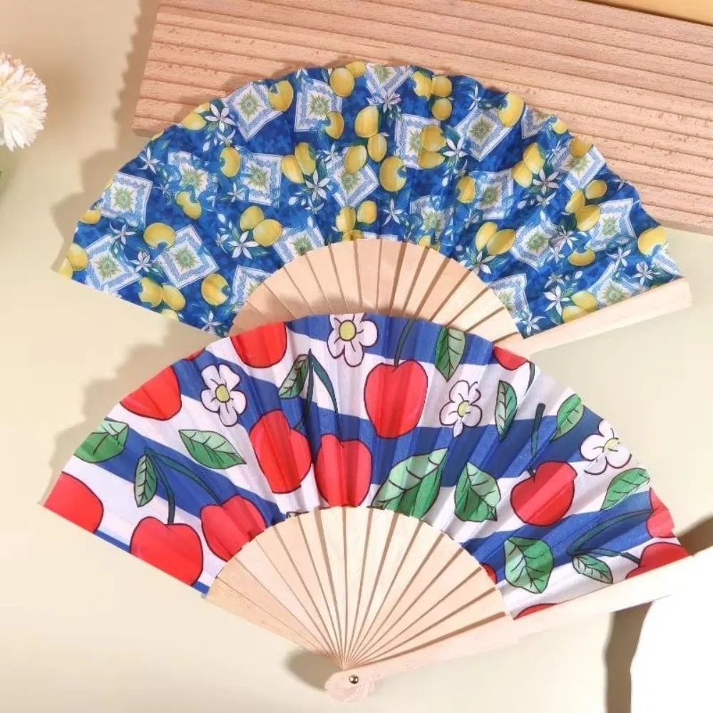 High Quality Portable Folding Hand Fan Simple Foldable Bamboo Fan Lemon Cherry Printed Wooden Handle Fan Party Gifts