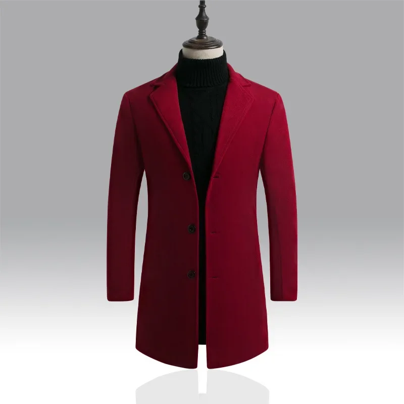 Wine Red Mens Overcoat Winter Clothing Long Blend Coat Male Slim Fit Oversized Woolen Coat for Men Long Sleeve Outerwear Xxxl