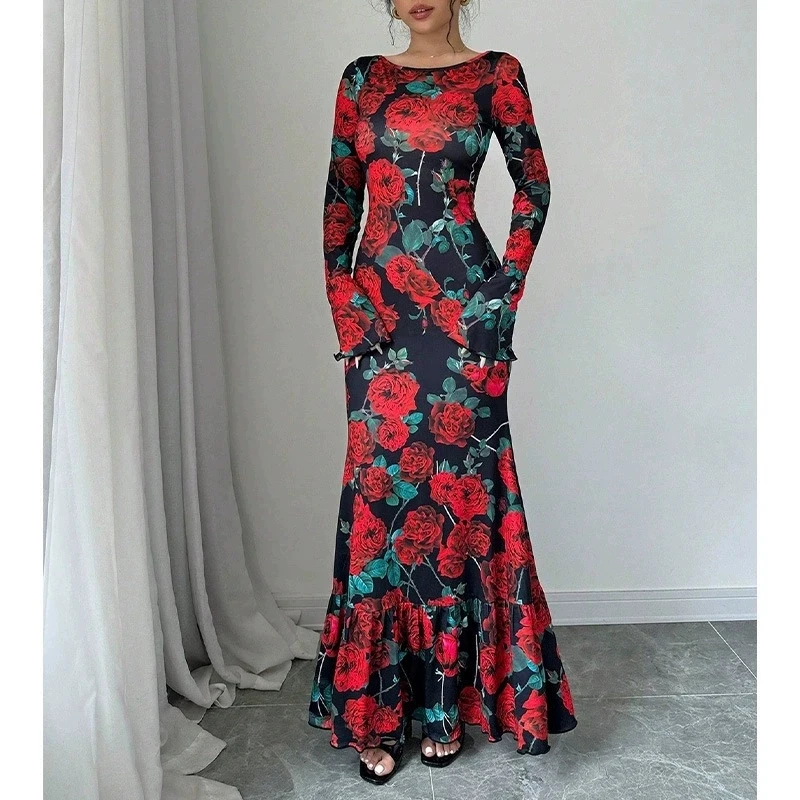 Elegant Rose Printed Maxi Dress O Neck Long Sleeves Bodycon Fishtail Dress Figure Slim Rose Floral Pattern Adds Charm Long Dress