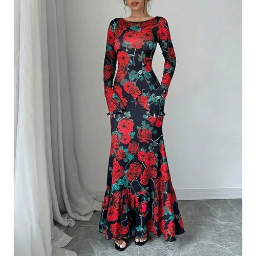 Imagen 2 del producto Vestido largo elegante con estampado de rosas, cuello redondo, manga larga, ceñido al cuerpo, vestido de cola de pez, figura delgada, patrón Floral de rosas, añade encanto, vestido largo