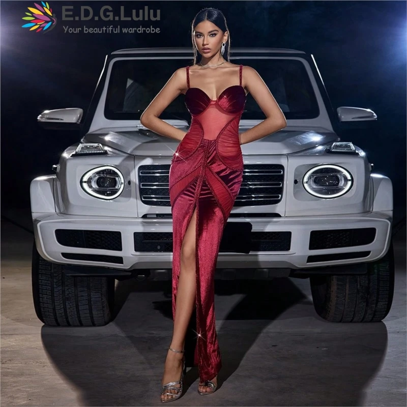 

EDGLuLu Design High Waisted Irregular High Slit Sexy Club Outfit Women 2024 Elegant Sleeveless Backless Red Long Dress 0805