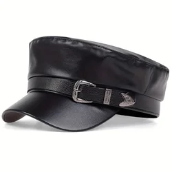 Fashion Women Large belt buckle leather hat Spring Autumn Sailor Hats Black Ladies Beret Caps Men Flat Top Captain Military Caps