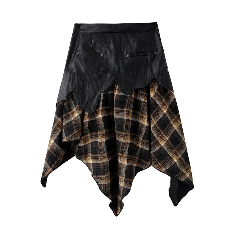 2024 New European Goods Heavy Industry Original Design Sense Retro Rock Street Dark Punk Splicing Plaid fashion Skirt For Women