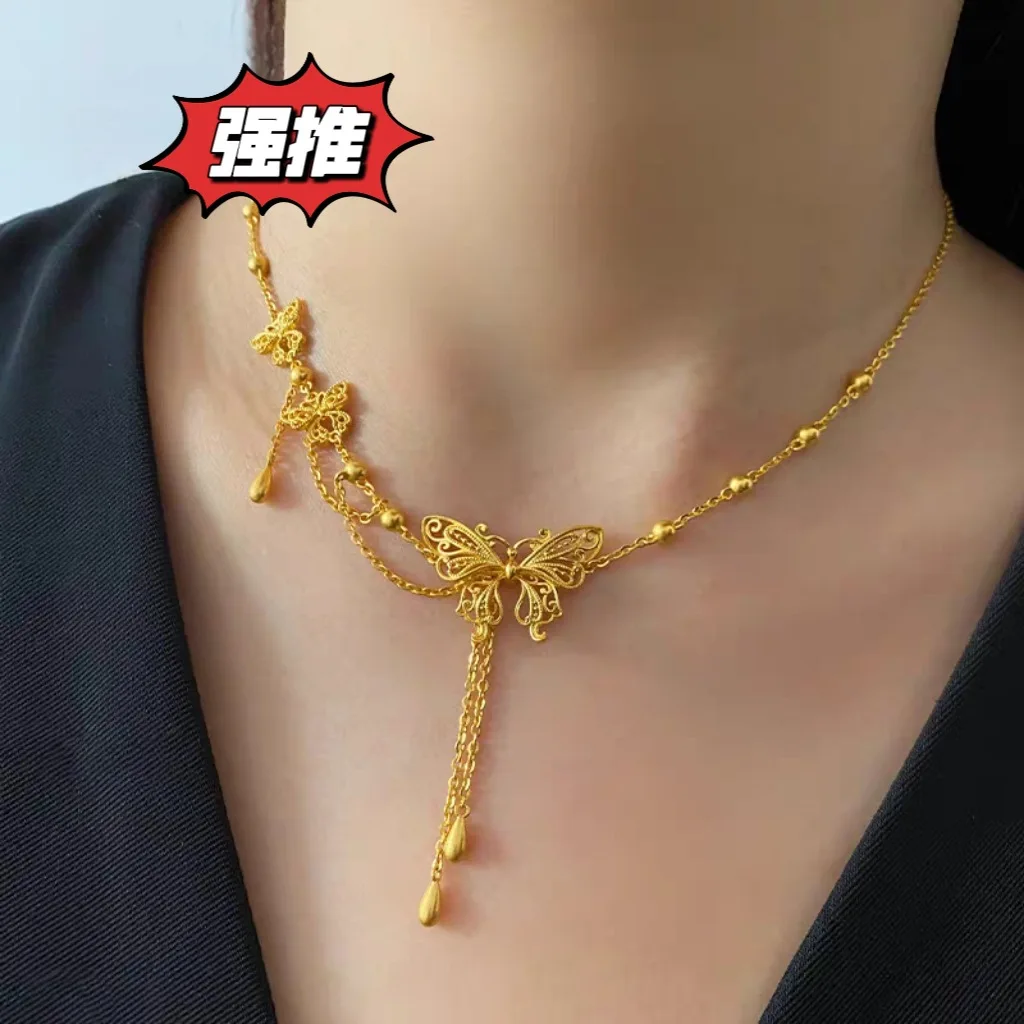 AU999 24K Gold Butterfly Necklace | Hollow - carved body, pearl - accented, chiseled patterns, classic & charming