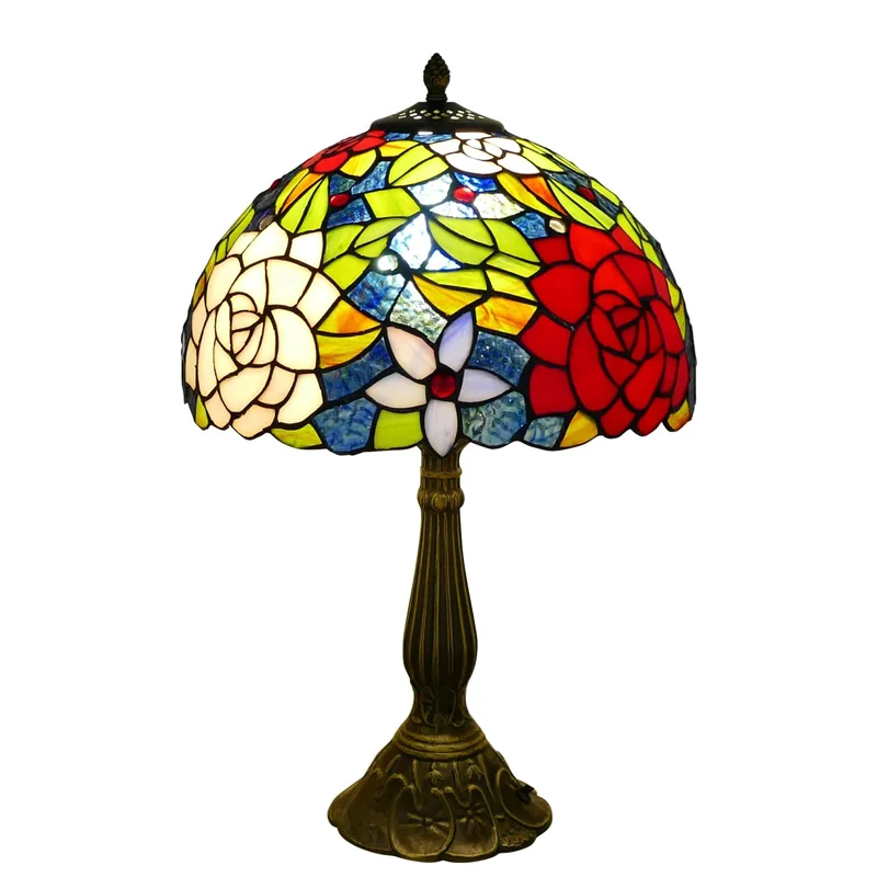 

Stained Glass Rose Floral Style Bedside Table Light with Light Emitting Diode for Bedroom Living Room Home Office Decor