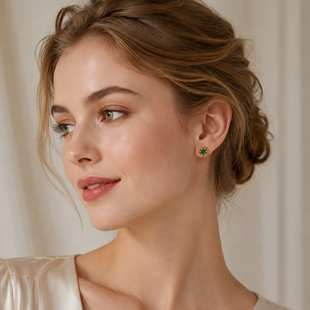 Ohrstecker, sechseckig, grün, Europa, Gelbgold, handgefertigter Schmuck für Frauen, verspielter Look, Geschenk aus 925er Sterlingsilber – Detail 2