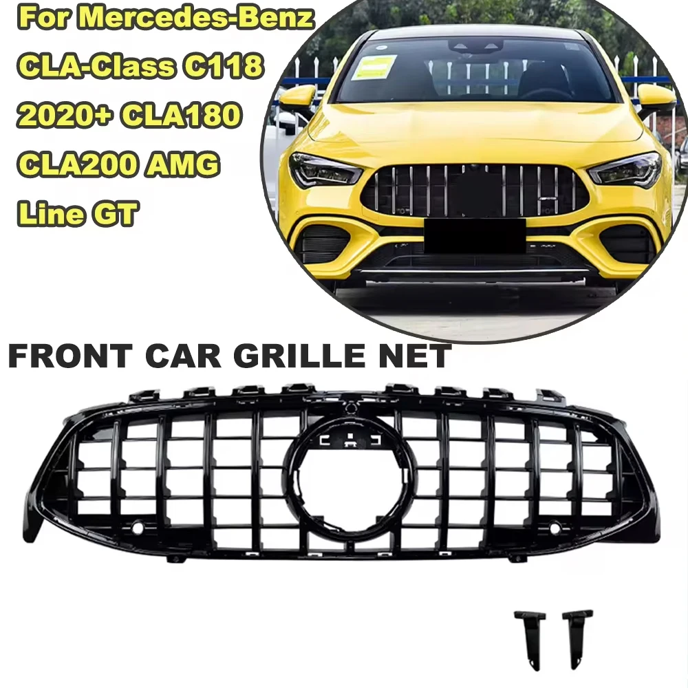 車のフロントグリルネット,光沢のある黒,メルセデスベンツclaクラスc118 2020 cla180 cla200 amg line gt,高品質